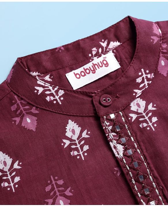 Babyhug Cotton Woven Full Sleeves Kurta Dhoti Set With Floral Print - Maroon