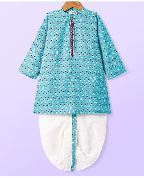 Babyhug Cotton Woven Full Sleeves Kurta Dhoti Set With Floral Print & Embroidery - Light Blue