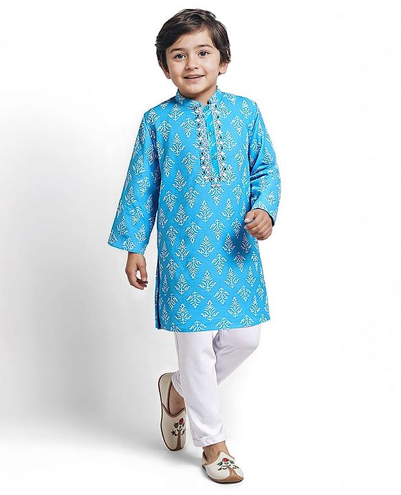 Babyhug Cotton Full Sleeves Kurta Pyjama Set With Floral Print - Light Blue