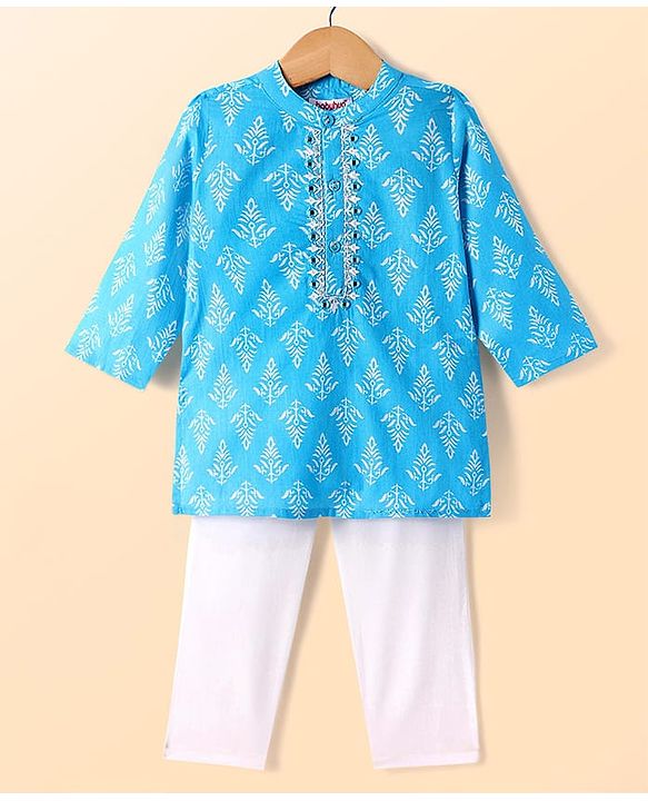 Babyhug Cotton Full Sleeves Kurta Pyjama Set With Floral Print - Light Blue