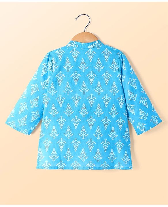 Babyhug Cotton Full Sleeves Kurta Pyjama Set With Floral Print - Light Blue