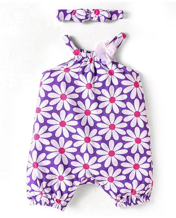 Babyhug 100% Cotton Knit Singlet Sleeves Romper with Headband & Floral Print - Purple