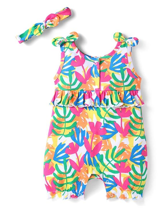 Babyhug Interlock Knit Sleeveless Romper With Floral Print & Hairband - White