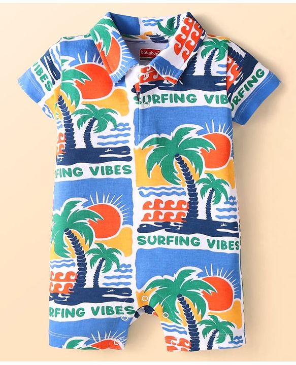 Babyhug Interlock Knit Half Sleeves Romper With Beach Theme Print - Blue