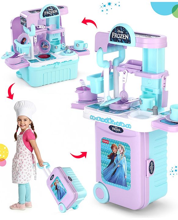 Babyhug Disney Frozen Theme Kitchen Play Set Trolley| Portable Set with Realistic Light Sound Toys for Kids with 24 Pieces - Lilac & Light Blue