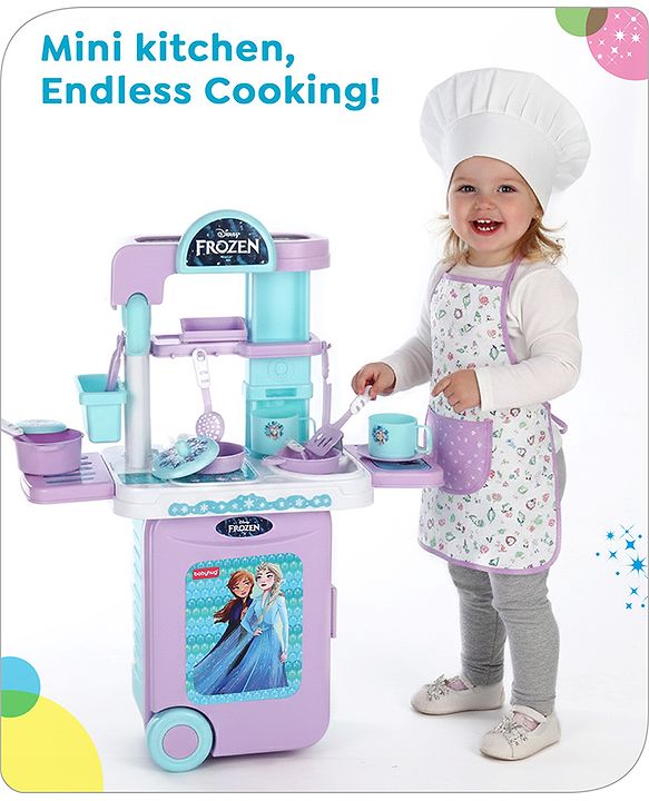 Babyhug Disney Frozen Theme Kitchen Play Set Trolley| Portable Set with Realistic Light Sound Toys for Kids with 24 Pieces - Lilac & Light Blue