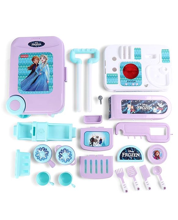Babyhug Disney Frozen Theme Kitchen Play Set Trolley| Portable Set with Realistic Light Sound Toys for Kids with 24 Pieces - Lilac & Light Blue