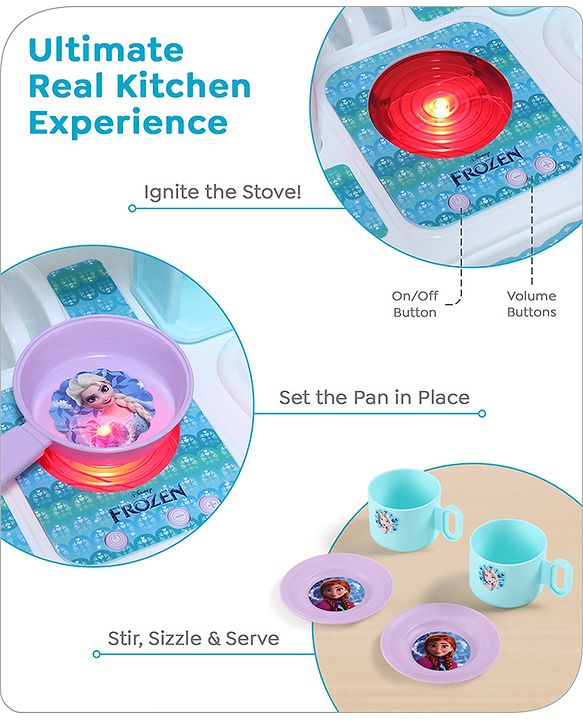 Babyhug Disney Frozen Theme Kitchen Play Set Trolley| Portable Set with Realistic Light Sound Toys for Kids with 24 Pieces - Lilac & Light Blue