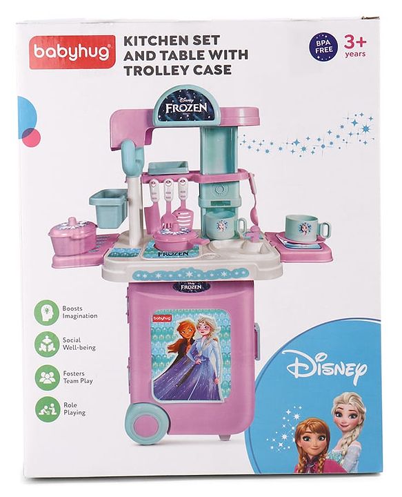 Babyhug Disney Frozen Theme Kitchen Play Set Trolley| Portable Set with Realistic Light Sound Toys for Kids with 24 Pieces - Lilac & Light Blue