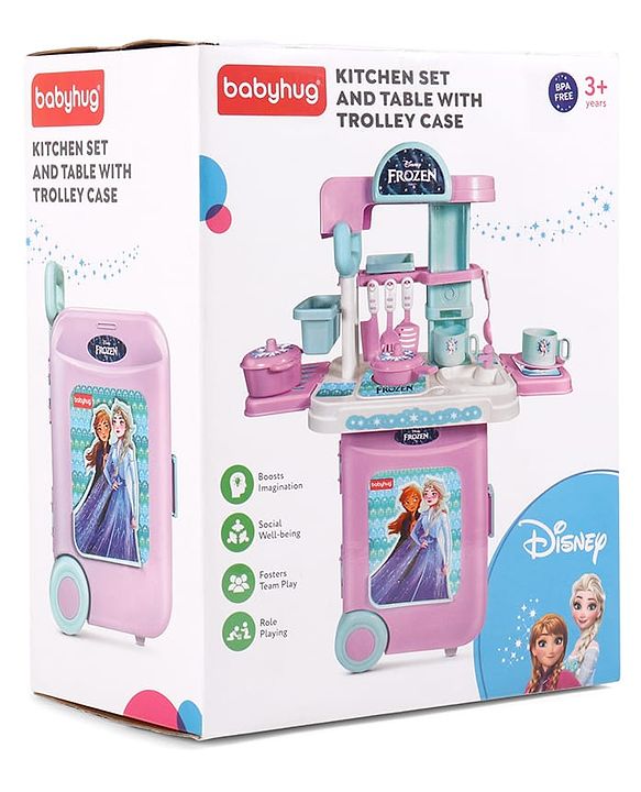 Babyhug Disney Frozen Theme Kitchen Play Set Trolley| Portable Set with Realistic Light Sound Toys for Kids with 24 Pieces - Lilac & Light Blue