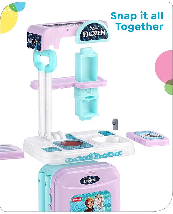 Babyhug Disney Frozen Theme Kitchen Play Set Trolley| Portable Set with Realistic Light Sound Toys for Kids with 24 Pieces - Lilac & Light Blue