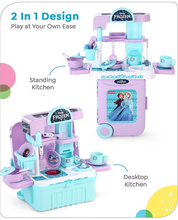 Babyhug Disney Frozen Theme Kitchen Play Set Trolley| Portable Set with Realistic Light Sound Toys for Kids with 24 Pieces - Lilac & Light Blue