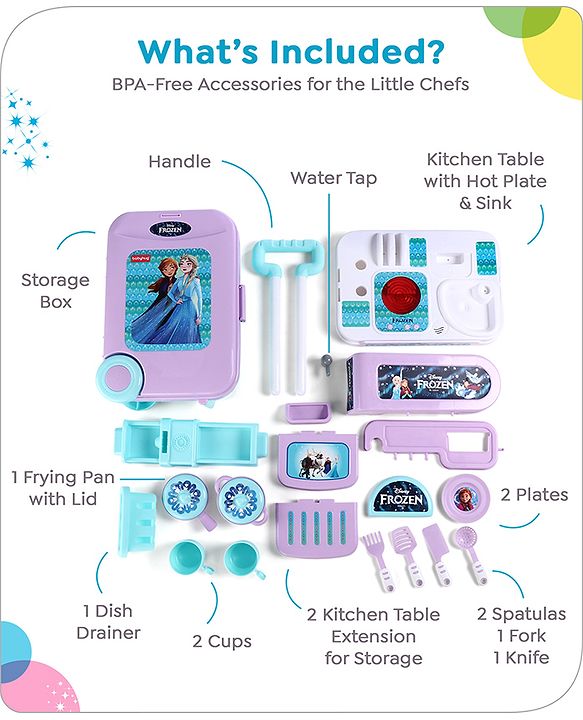 Babyhug Disney Frozen Theme Kitchen Play Set Trolley| Portable Set with Realistic Light Sound Toys for Kids with 24 Pieces - Lilac & Light Blue