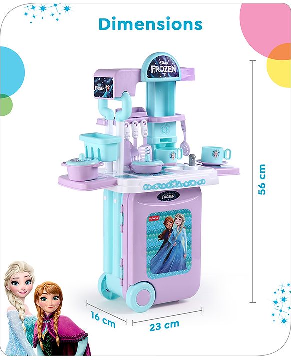 Babyhug Disney Frozen Theme Kitchen Play Set Trolley| Portable Set with Realistic Light Sound Toys for Kids with 24 Pieces - Lilac & Light Blue