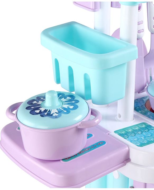 Babyhug Disney Frozen Theme Kitchen Play Set Trolley| Portable Set with Realistic Light Sound Toys for Kids with 24 Pieces - Lilac & Light Blue