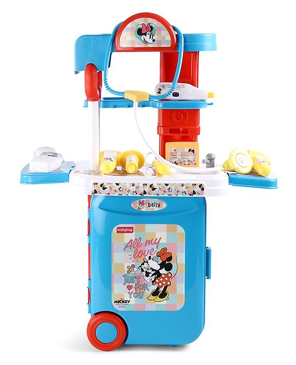 Babyhug Disney Mickey & Friends Doctor Trolley for Kids| Kids Doctors Play Set trolley, Medical Trolley Cart for Kids with 18 Pcs  - Blue &  Red