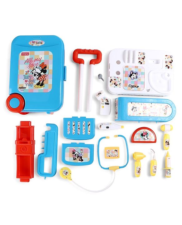 Babyhug Disney Mickey & Friends Doctor Trolley for Kids| Kids Doctors Play Set trolley, Medical Trolley Cart for Kids with 18 Pcs  - Blue &  Red
