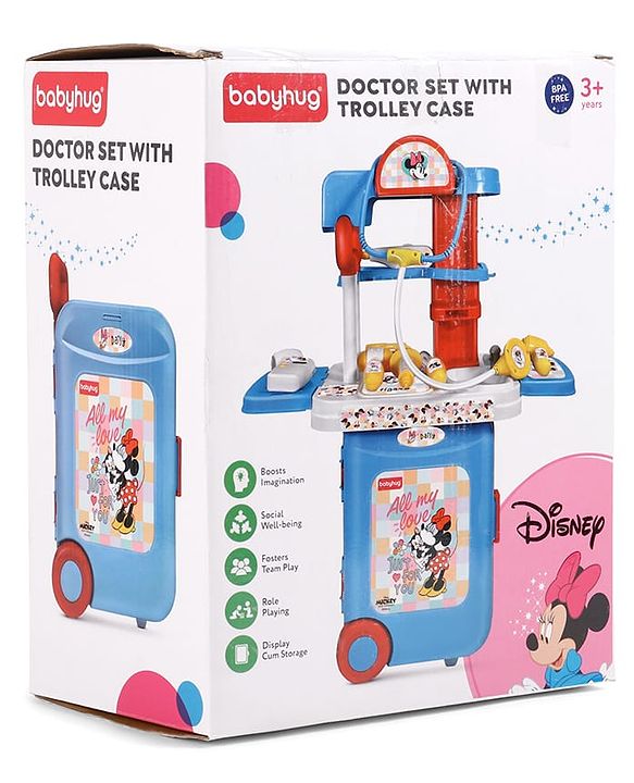 Babyhug Disney Mickey & Friends Doctor Trolley for Kids| Kids Doctors Play Set trolley, Medical Trolley Cart for Kids with 18 Pcs  - Blue &  Red