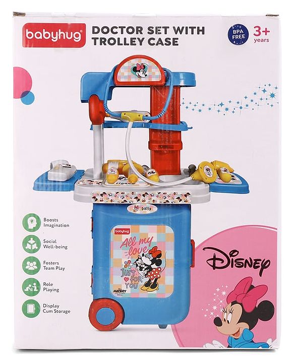 Babyhug Disney Mickey & Friends Doctor Trolley for Kids| Kids Doctors Play Set trolley, Medical Trolley Cart for Kids with 18 Pcs  - Blue &  Red