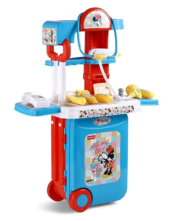 Babyhug Disney Mickey & Friends Doctor Trolley for Kids| Kids Doctors Play Set trolley, Medical Trolley Cart for Kids with 18 Pcs  - Blue &  Red