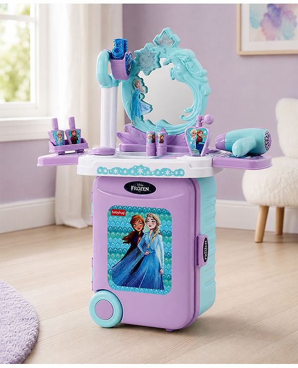 Babyhug Disney Frozen Theme Pretend Play Makeup Trolley Set with Briefcase and Accessories| Cosmetic Set 2 in 1 Vanity Table | Beauty Make Up Trolley Set with 22 pieces & 2 Sticker - Lilac