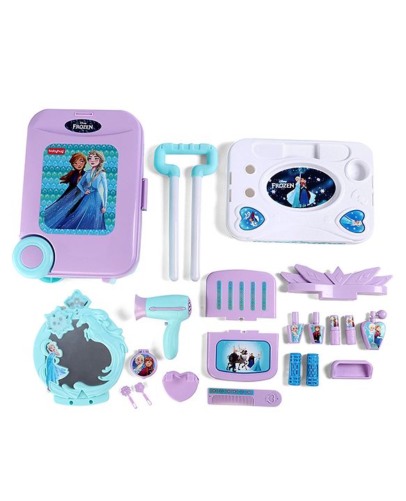 Babyhug Disney Frozen Theme Pretend Play Makeup Trolley Set with Briefcase and Accessories| Cosmetic Set 2 in 1 Vanity Table | Beauty Make Up Trolley Set with 22 pieces & 2 Sticker - Lilac