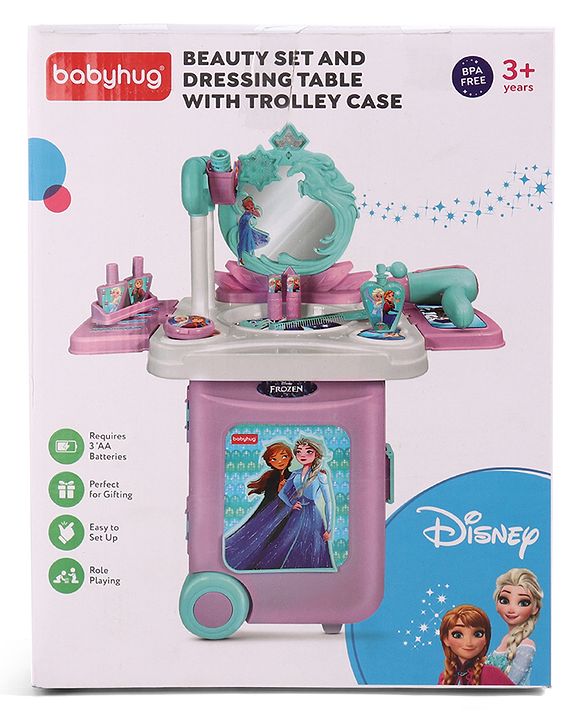 Babyhug Disney Frozen Theme Pretend Play Makeup Trolley Set with Briefcase and Accessories| Cosmetic Set 2 in 1 Vanity Table | Beauty Make Up Trolley Set with 22 pieces & 2 Sticker - Lilac