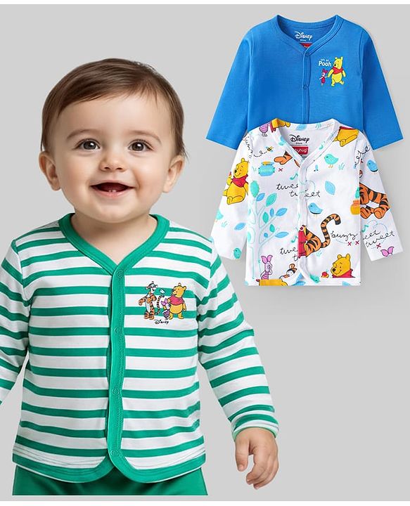 Babyhug Disney Interlock Knit Half Sleeves Jhablas with Winnie & Friends Graphics Pack of 3 - Blue White & Green