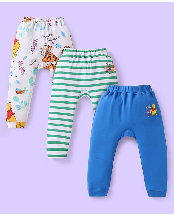 Babyhug Disney Interlock Knit Full Length Diaper Leggings With Winnie & Friends Graphic Pack Of 3 - Blue White Green