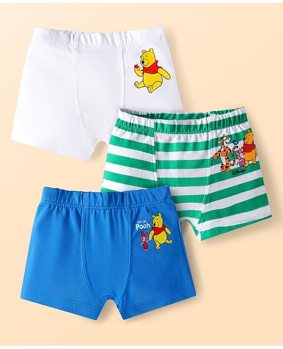 Babyhug Disney Lycra Knit Striped Trunks with Winnie & Friends Graphics Pack of 3 - Yellow Blue & White