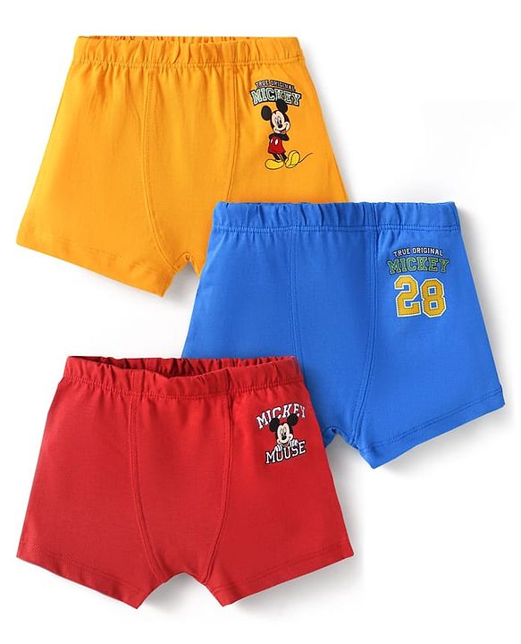 Babyhug Disney Lycra Knit Trunks With Mikcey Mouse Graphic Pack of 3 - Blue Red & Yellow