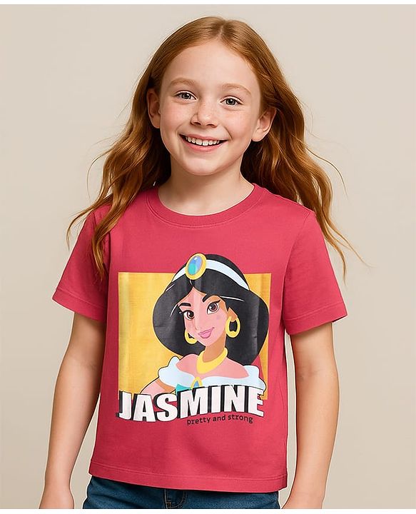 Pine Kids Disney Single Jersey Knit Half Sleeves T-Shirt With Jasmine Graphic - Red