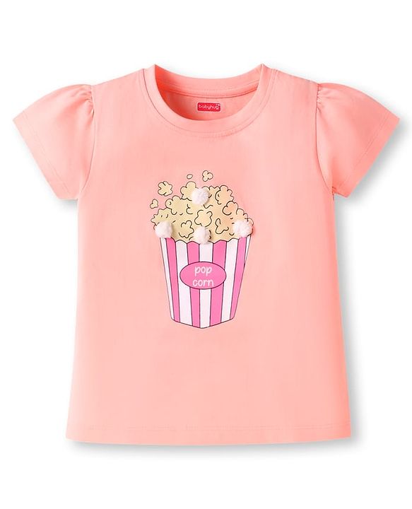 Babyhug Cotton Knit Half Sleeves Night Suit With Pop Corn Print & Applique - Peach & Pink