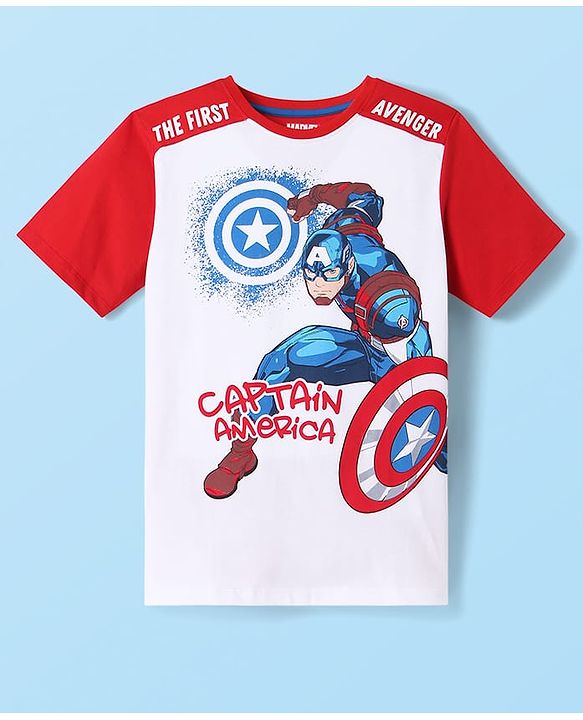 Pine Kids Marvel Single Jersey Knit Half Sleeves T-Shirt With Captain America Graphic - White & Red