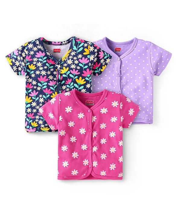 Babyhug 100% Cotton Knit Half Sleeves Front Open Vests With Floral & Polka Dot Print Pack of 3 - Dark Pink Navy Blue & Purple
