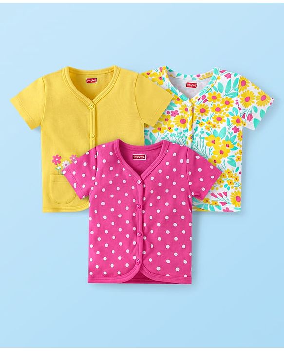 Babyhug 100% Cotton Knit Half Sleeves Front Open  Vests with Floral & Polka Dots Print Pack of 3 - Pink Yellow & Mint Green