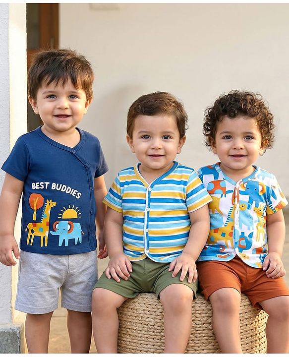 Babyhug 100% Cotton Knit Half Sleeves Front Open Vests With Animal Print Pack of 3 - Navy Blue Yellow & White