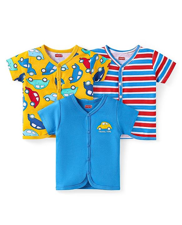 Babyhug 100% Cotton Knit Half Sleeves Front Open Vests With Car Print Pack of 3 - Blue Red & Yellow