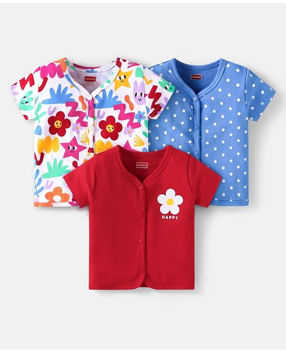 Babyhug 100% Cotton Knit Half Sleeves Front Open Vests with Polka Dots & Floral Print Pack of 3 - Red & Navy Blue