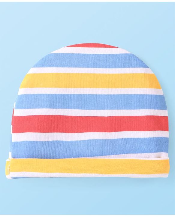 Babyhug 100% Cotton Knit Caps with Bear Print & Stripes Pack of 2  Multicolor - Diameter 16 cm