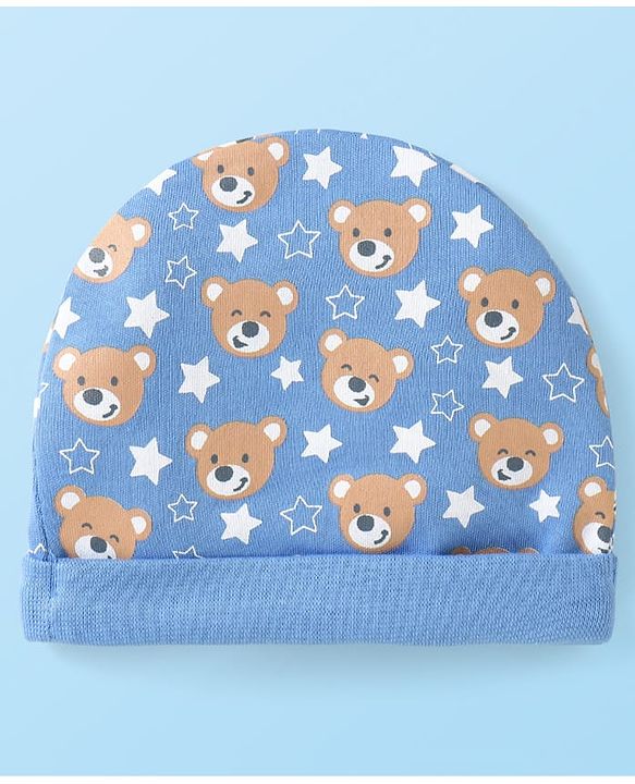 Babyhug 100% Cotton Knit Caps with Bear Print & Stripes Pack of 2  Multicolor - Diameter 16 cm