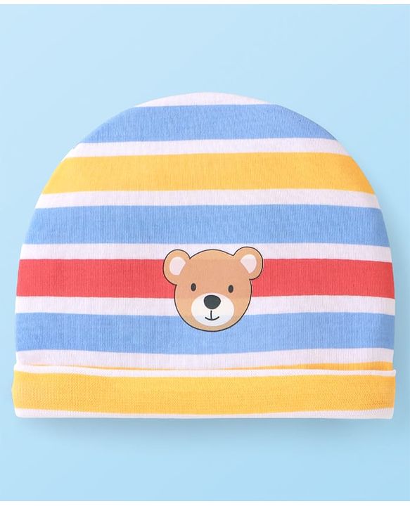 Babyhug 100% Cotton Knit Caps with Bear Print & Stripes Pack of 2  Multicolor - Diameter 16 cm