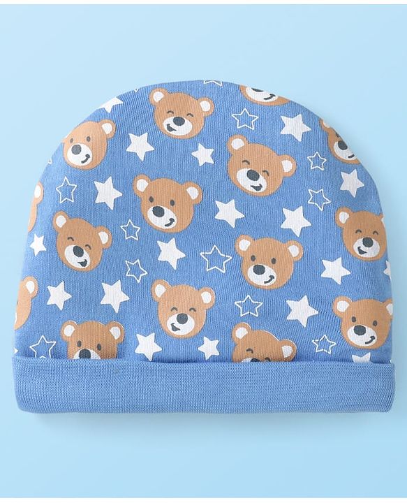Babyhug 100% Cotton Knit Caps with Bear Print & Stripes Pack of 2  Multicolor - Diameter 16 cm
