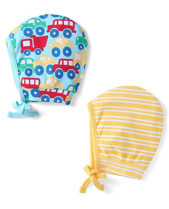 Babyhug 100% Cotton Knit Bonnet Bonnet Caps with Stripes & Vehicle Print Pack of 2 - Yellow & Blue
