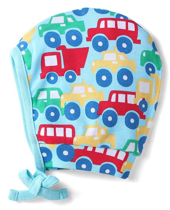 Babyhug 100% Cotton Knit Bonnet Bonnet Caps with Stripes & Vehicle Print Pack of 2 - Yellow & Blue