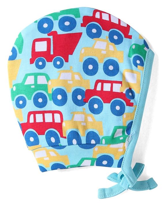 Babyhug 100% Cotton Knit Bonnet Bonnet Caps with Stripes & Vehicle Print Pack of 2 - Yellow & Blue