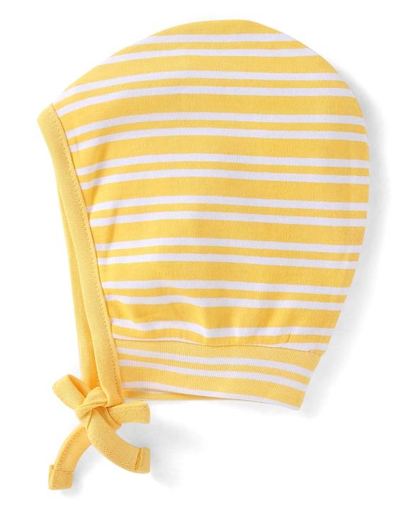 Babyhug 100% Cotton Knit Bonnet Bonnet Caps with Stripes & Vehicle Print Pack of 2 - Yellow & Blue
