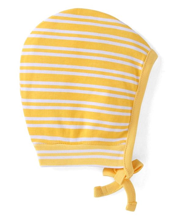 Babyhug 100% Cotton Knit Bonnet Bonnet Caps with Stripes & Vehicle Print Pack of 2 - Yellow & Blue