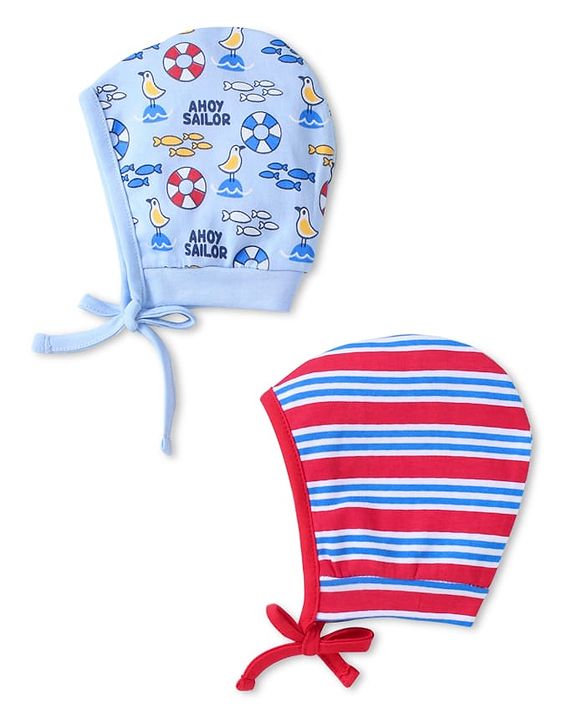 Babyhug Interlock Knit Bonnet Bonnet Caps With Nautical Theme Print Pack of 2 - Red & Blue