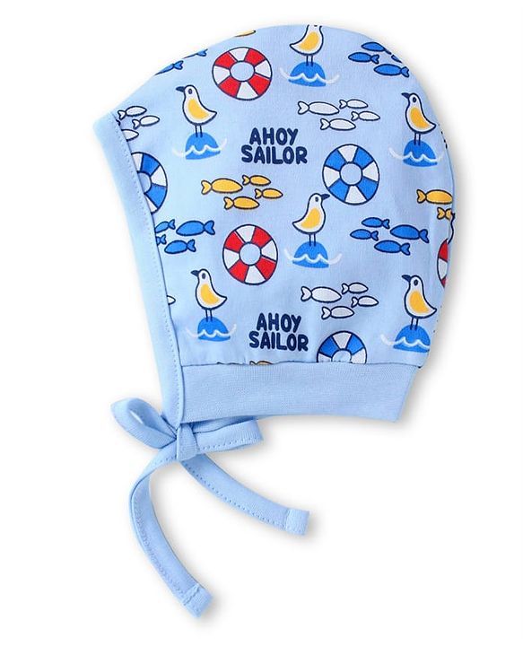 Babyhug Interlock Knit Bonnet Bonnet Caps With Nautical Theme Print Pack of 2 - Red & Blue